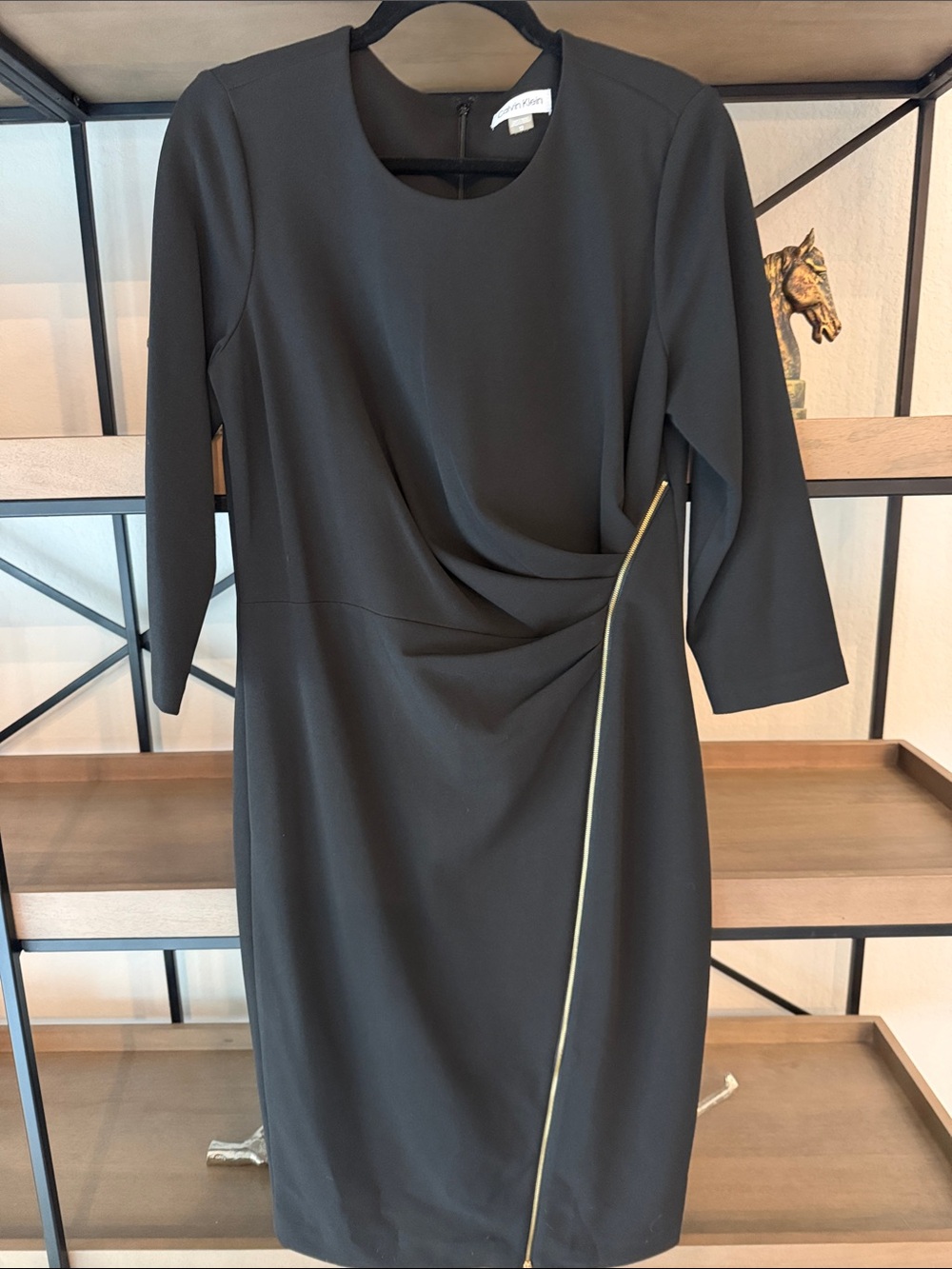 Calvin Klein Elegant Black Sheath Dress with Gold Zip Detail